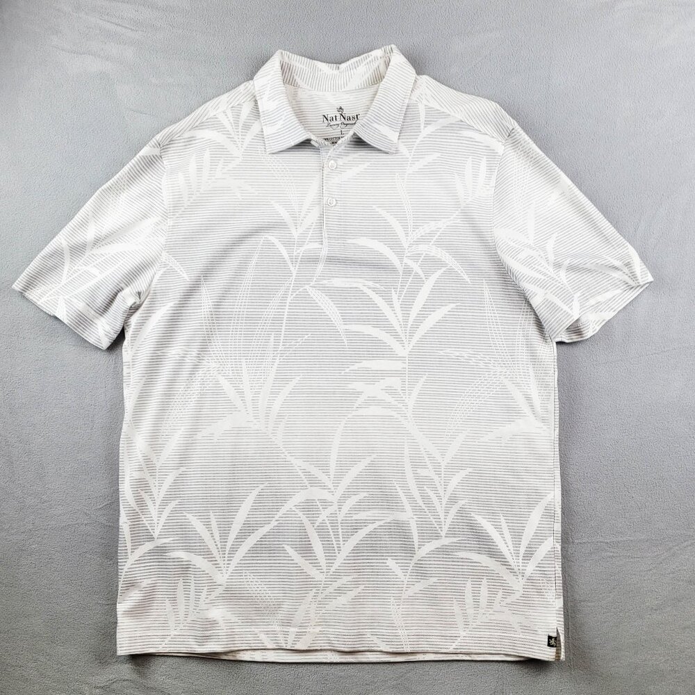 Nat Nast Luxury Shirt Mens Large White Gray Leaves Stripes Golf Polo